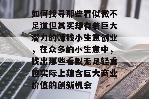 如何找寻那些看似微不足道但其实却有着巨大潜力的赚钱小生意创业，在众多的小生意中，找出那些看似无足轻重但实际上蕴含巨大商业价值的创新机会