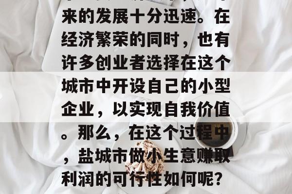 盐城市作为江苏省的一个重要经济城市,近年来的发展十分迅速。在经济繁荣的同时,也有许多创业者选择在这个城市中开设自己的小型企业,以实现自我价值。那么,在这个过程中,盐城市做小生意赚取利润的可行性如何呢?,盐城市创业,小型企业发展之路 盐城市作为江苏省的一个重要经济城市,近年来的发展十分迅速。在经济繁荣的同时,也有许多创业者选择在这个城市中开设自己的小型企业,以实现自我价值。那么,在这个过程中,盐城市做小生意赚取利润的可行性如何呢?,盐城市创业,小型企业发展之路