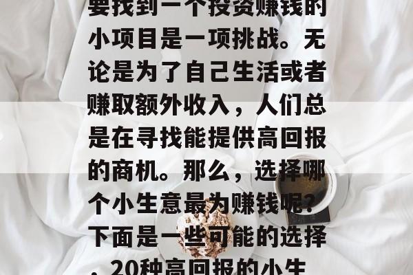 从小生意的角度看,想要找到一个投资赚钱的小项目是一项挑战。无论是为了自己生活或者赚取额外收入,人们总是在寻找能提供高回报的商机。那么,选择哪个小生意最为赚钱呢?下面是一些可能的选择,20种高回报的小生意推荐,让你轻松盈利 从小生意的角度看,想要找到一个投资赚钱的小项目是一项挑战。无论是为了自己生活或者赚取额外收入,人们总是在寻找能提供高回报的商机。那么,选择哪个小生意最为赚钱呢?下面是一些可能的选择,20种高回报的小生意推荐,让你轻松盈利