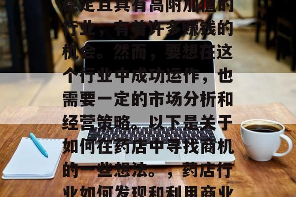 药店行业作为一个相对稳定且具有高附加值的行业,有着许多赚钱的机会。然而,要想在这个行业中成功运作,也需要一定的市场分析和经营策略。以下是关于如何在药店中寻找商机的一些想法。,药店行业如何发现和利用商业机会 药店行业作为一个相对稳定且具有高附加值的行业,有着许多赚钱的机会。然而,要想在这个行业中成功运作,也需要一定的市场分析和经营策略。以下是关于如何在药店中寻找商机的一些想法。,药店行业如何发现和利用商业机会