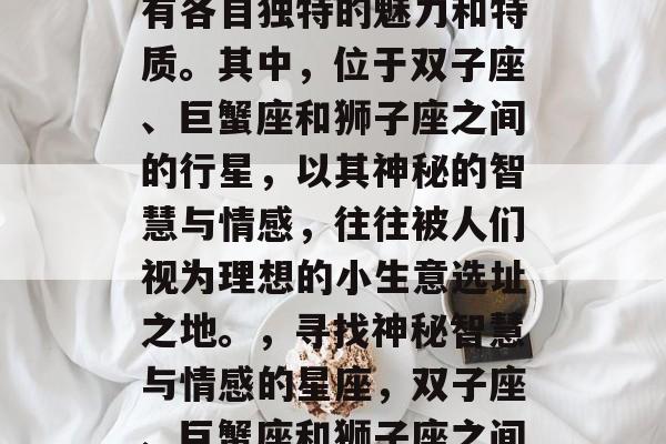 在浩瀚的星空中,有许多不同的星座,它们拥有各自独特的魅力和特质。其中,位于双子座、巨蟹座和狮子座之间的行星,以其神秘的智慧与情感,往往被人们视为理想的小生意选址之地。,寻找神秘智慧与情感的星座,双子座、巨蟹座和狮子座之间的行星理想小生意选址地 在浩瀚的星空中,有许多不同的星座,它们拥有各自独特的魅力和特质。其中,位于双子座、巨蟹座和狮子座之间的行星,以其神秘的智慧与情感,往往被人们视为理想的小生意选址之地。,寻找神秘智慧与情感的星座,双子座、巨蟹座和狮子座之间的行星理想小生意选址地