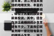 浙江省的经济发展已经进入了一个新的阶段。近年来,浙江凭借其独特的地理优势、丰富的资源和良好的产业基础,吸引了大量的投资者前来投资。其中,适合在浙江省赚钱的小生意就有不少,下面我们就来列举一些比较有前景的赚钱小生意。,浙江省投资潜力大,哪些生意值得投资?