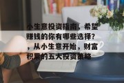小生意投资指南,希望赚钱的你有哪些选择?,从小生意开始,财富积累的五大投资策略 小生意投资指南,希望赚钱的你有哪些选择?,从小生意开始,财富积累的五大投资策略