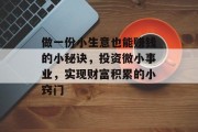 做一份小生意也能赚钱的小秘诀,投资微小事业,实现财富积累的小窍门 做一份小生意也能赚钱的小秘诀,投资微小事业,实现财富积累的小窍门