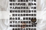网店小生意可以卖什么赚钱?这确实是一个有吸引力的问题,因为每个人的经济状况、兴趣爱好和投资理念都不同。但无论选择哪种类型的小生意,都需要考虑以下几个关键因素。,网店经营盈利策略推荐,各种类型小生意的投资与收益分析 网店小生意可以卖什么赚钱?这确实是一个有吸引力的问题,因为每个人的经济状况、兴趣爱好和投资理念都不同。但无论选择哪种类型的小生意,都需要考虑以下几个关键因素。,网店经营盈利策略推荐,各种类型小生意的投资与收益分析