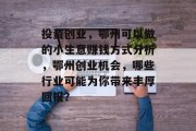 投资创业,鄂州可以做的小生意赚钱方式分析,鄂州创业机会,哪些行业可能为你带来丰厚回报? 投资创业,鄂州可以做的小生意赚钱方式分析,鄂州创业机会,哪些行业可能为你带来丰厚回报?