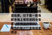 如今做什么小生意赚钱?这是一个热门话题,不同的行业有不同的投资选择。以下是一些当前市场上受欢迎的小生意以及相关的建议。,赚钱的新兴行业和创业想法 如今做什么小生意赚钱?这是一个热门话题,不同的行业有不同的投资选择。以下是一些当前市场上受欢迎的小生意以及相关的建议。,赚钱的新兴行业和创业想法