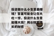 投资做什么小生意最赚钱?答案可能会让你大吃一惊,投资什么生意能赚大钱?揭示财富增长的秘密 投资做什么小生意最赚钱?答案可能会让你大吃一惊,投资什么生意能赚大钱?揭示财富增长的秘密