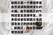 新西兰是一个拥有丰富自然资源和独特文化的小国。由于新西兰的气候适宜且资源丰富,许多投资者在新西兰寻找适合自己的创业机会。,新西兰,商业投资的理想选择