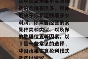 在中国做水果小生意赚钱的选择有很多,具体取决于你希望赚取多少利润、你需要经营的水果种类和类型、以及你的地理位置等因素。以下是一些常见的选择,中国水果生意盈利模式及选址建议 在中国做水果小生意赚钱的选择有很多,具体取决于你希望赚取多少利润、你需要经营的水果种类和类型、以及你的地理位置等因素。以下是一些常见的选择,中国水果生意盈利模式及选址建议