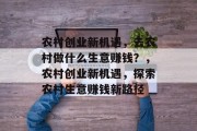 农村创业新机遇,去农村做什么生意赚钱?,农村创业新机遇,探索农村生意赚钱新路径 农村创业新机遇,去农村做什么生意赚钱?,农村创业新机遇,探索农村生意赚钱新路径