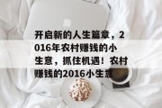 开启新的人生篇章,2016年农村赚钱的小生意,抓住机遇!农村赚钱的2016小生意