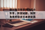 探讨有没有很赚钱的小生意,致富秘籍,如何发现并投资小本创业商机 探讨有没有很赚钱的小生意,致富秘籍,如何发现并投资小本创业商机