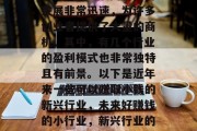 近年来,互联网行业的发展非常迅速,为许多创业者提供了大量的商机。其中,有几个行业的盈利模式也非常独特且有前景。以下是近年来一些可以赚取小钱的新兴行业,未来好赚钱的小行业,新兴行业的盈利模式 近年来,互联网行业的发展非常迅速,为许多创业者提供了大量的商机。其中,有几个行业的盈利模式也非常独特且有前景。以下是近年来一些可以赚取小钱的新兴行业,未来好赚钱的小行业,新兴行业的盈利模式