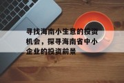 寻找海南小生意的投资机会,探寻海南省中小企业的投资前景 寻找海南小生意的投资机会,探寻海南省中小企业的投资前景