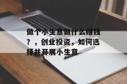 做个小生意做什么赚钱?,创业投资,如何选择并开展小生意 做个小生意做什么赚钱?,创业投资,如何选择并开展小生意