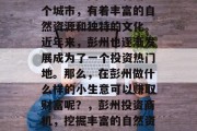 彭州是中国四川省的一个城市,有着丰富的自然资源和独特的文化。近年来,彭州也逐渐发展成为了一个投资热门地。那么,在彭州做什么样的小生意可以赚取财富呢?,彭州投资商机,挖掘丰富的自然资源与独特文化