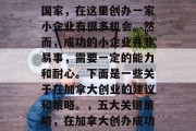 加拿大是一个多文化的国家，在这里创办一家小企业有很多机会。然而，成功的小企业并非易事，需要一定的能力和耐心。下面是一些关于在加拿大创业的建议和策略。，五大关键策略，在加拿大创办成功的创业公司