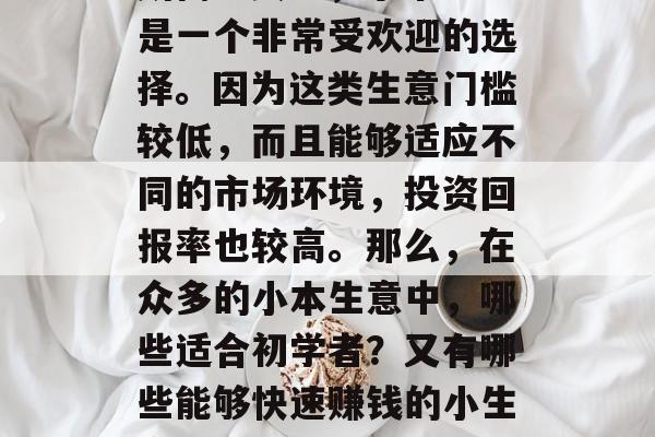 在当今社会，许多人都选择做生意以赚取生活所需。其中，小本生意是一个非常受欢迎的选择。因为这类生意门槛较低，而且能够适应不同的市场环境，投资回报率也较高。那么，在众多的小本生意中，哪些适合初学者？又有哪些能够快速赚钱的小生意呢？，初学者投资创业，快速赚钱的小本生意推荐